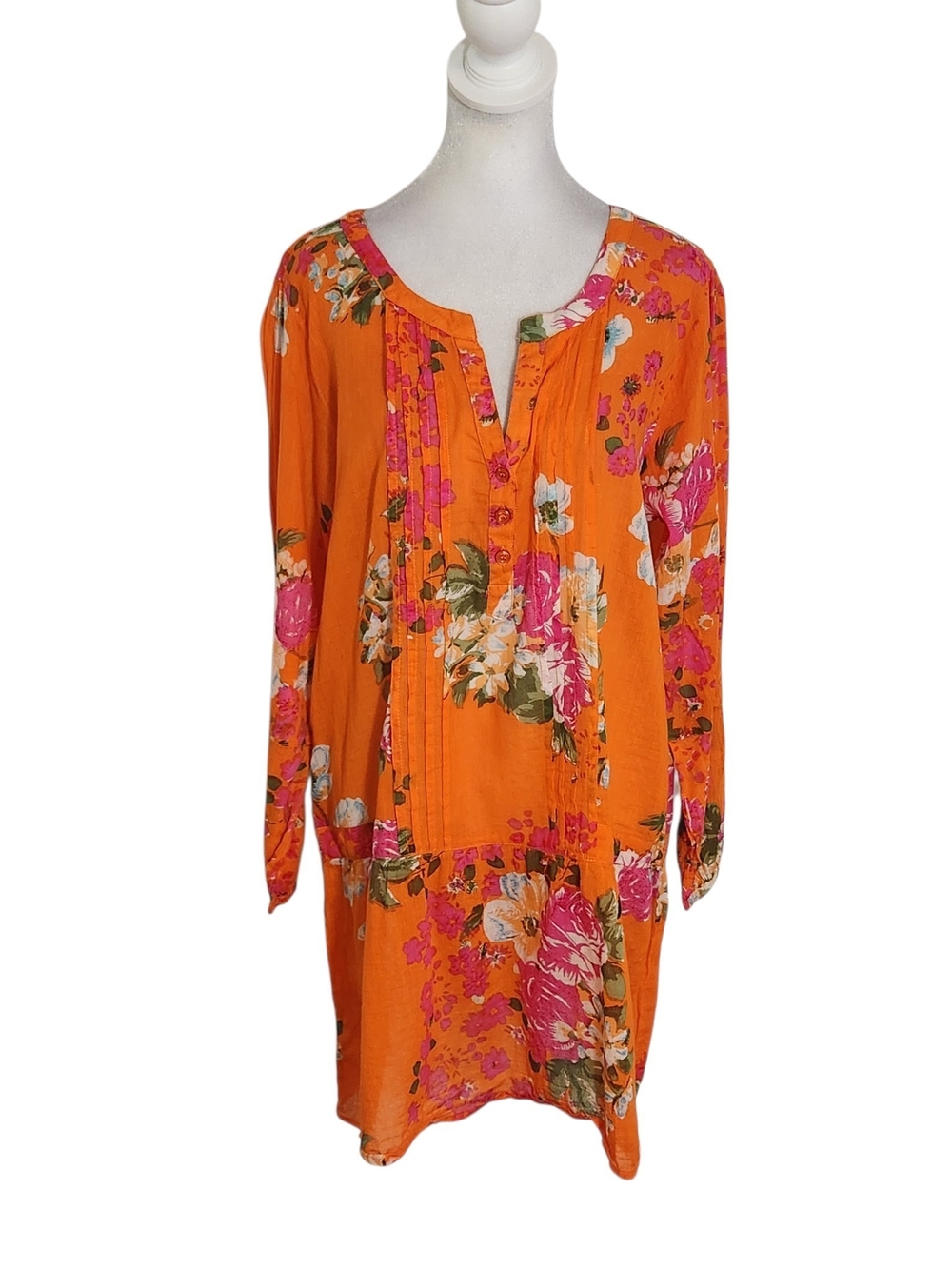 Magazine Orange Floral Sheer Cotton Tunic Size Large